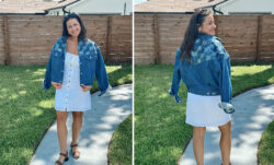 two images of Deb Ambar wearing a custom Levi's® jacket for her bachelorette party